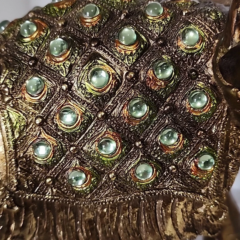 Trunk Up Gold Elephant Figurine with Green Accents